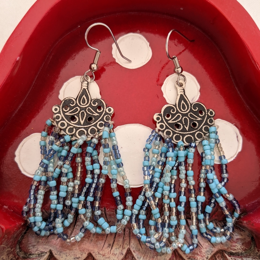 Vintage 90s Dangly Beadwork Blue and Silver Earrings 1990s Boho Indie Jewelry